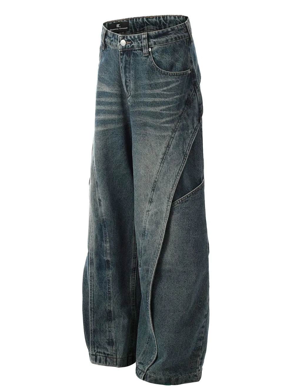Men's Washed Straight Jeans with Unique Panel Design, image 2