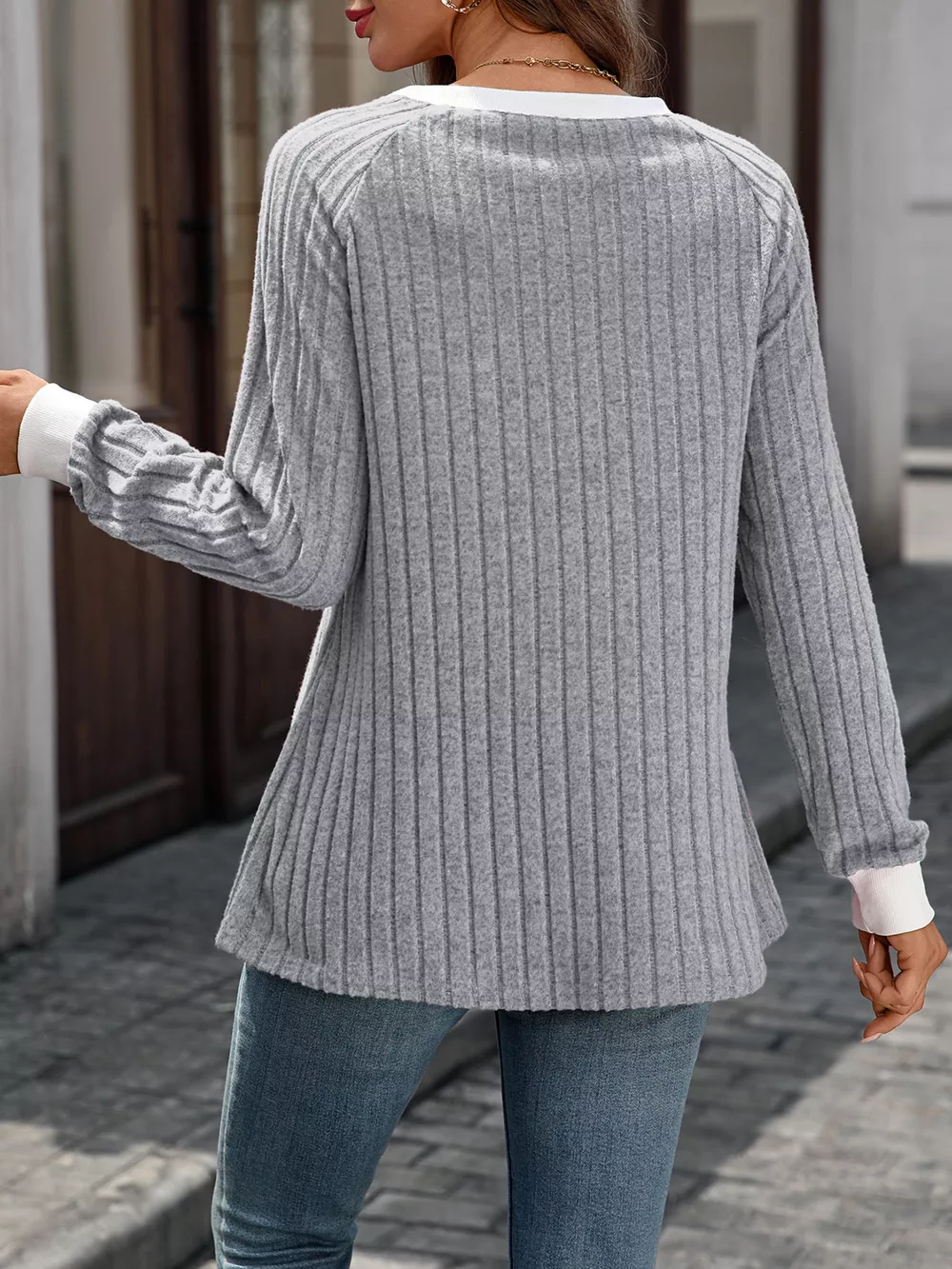 Ribbed Round Neck Raglan Sleeve Knit Top, image 10