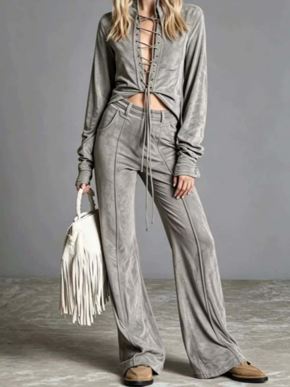 Full Size Lace-Up Long Sleeve Top and Wide-Leg Pants Set Plus Size, image 3