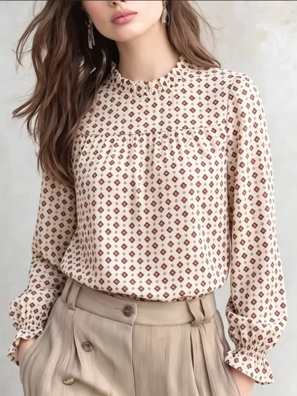 Geometric Print Mock Neck Puff Sleeves Blouse, image 6