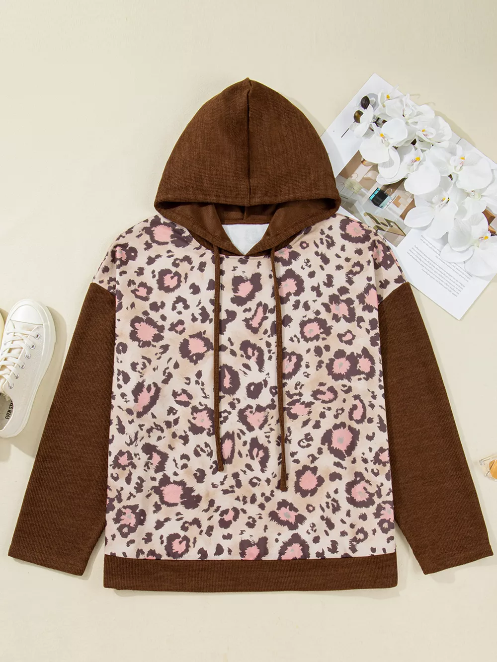 Plus Size Leopard Long Sleeve Drawstring Hoodie, image 5