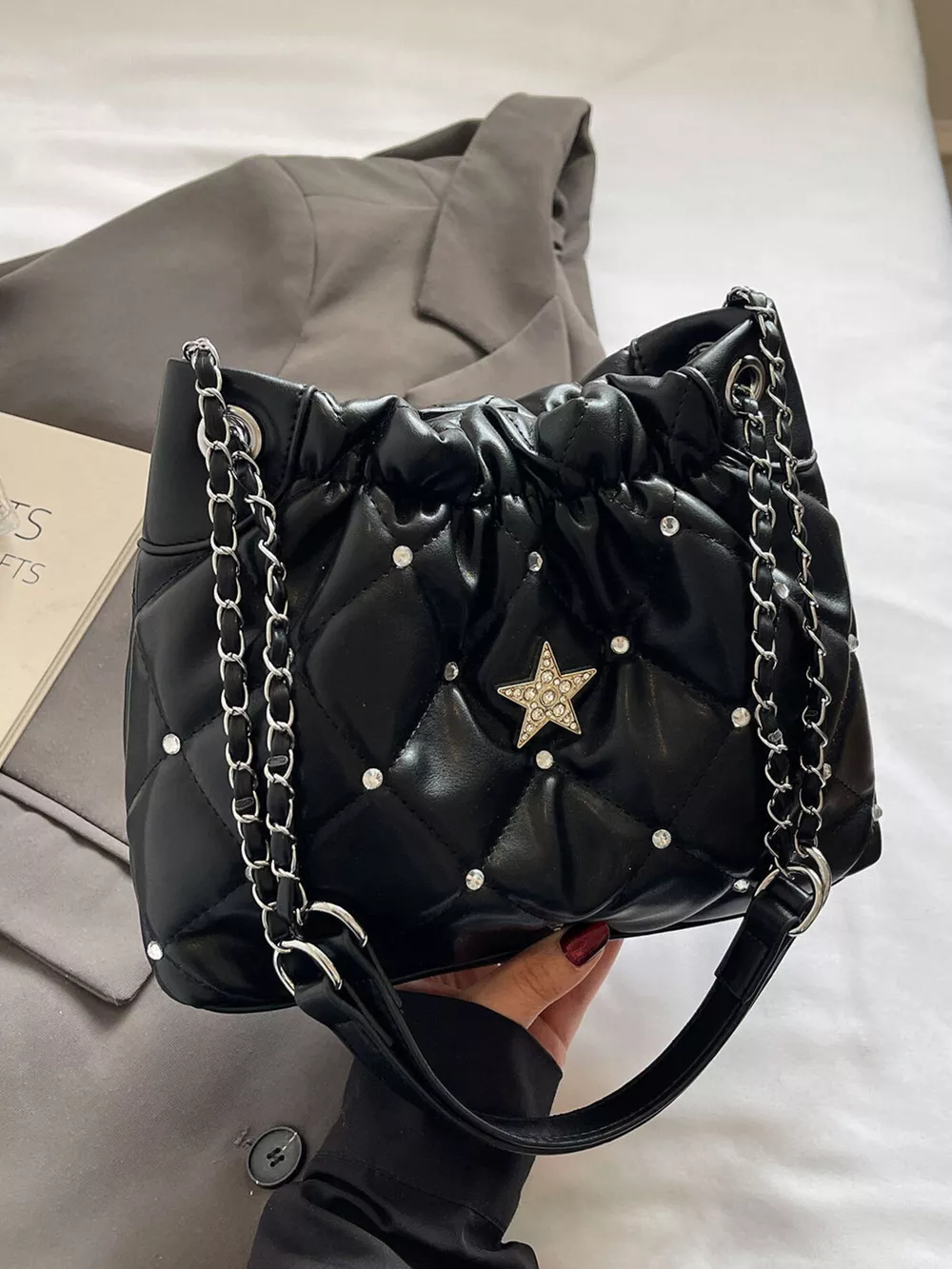 Quilted Rhinestone Star Decor Shoulder Bag, image 5