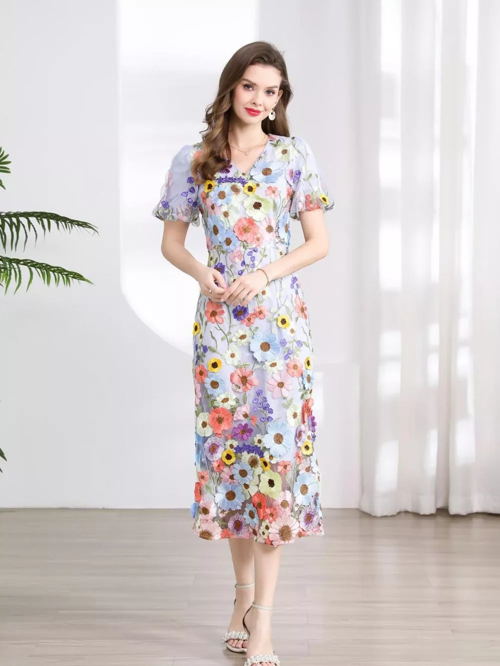 Floral Embroidered Puff Sleeve Midi Dress, image 12