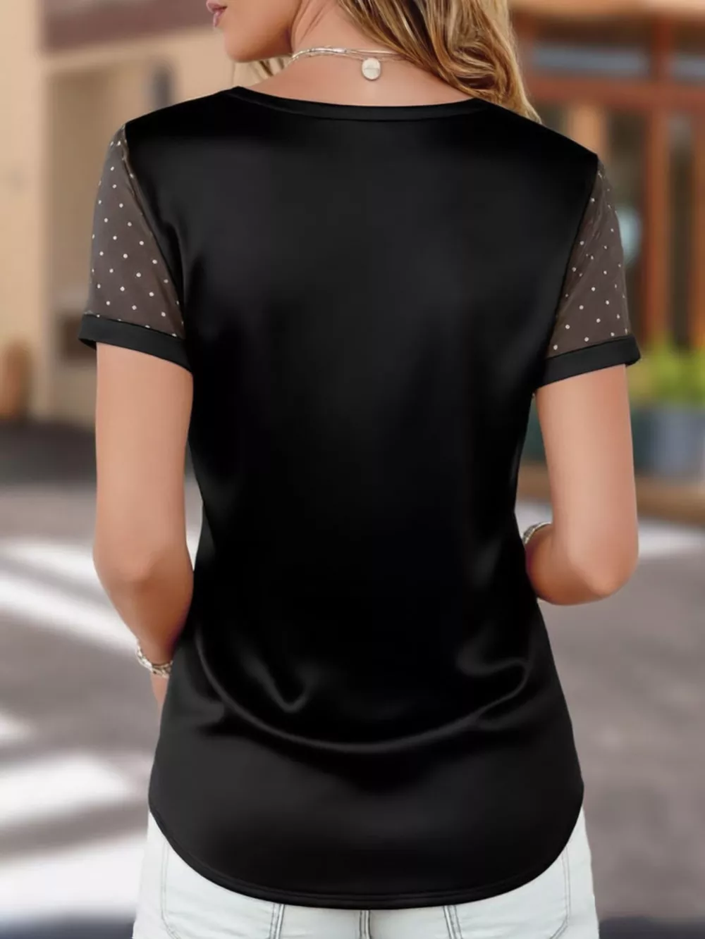 Satin V-Neck Sheer Short Sleeve Top, image 2