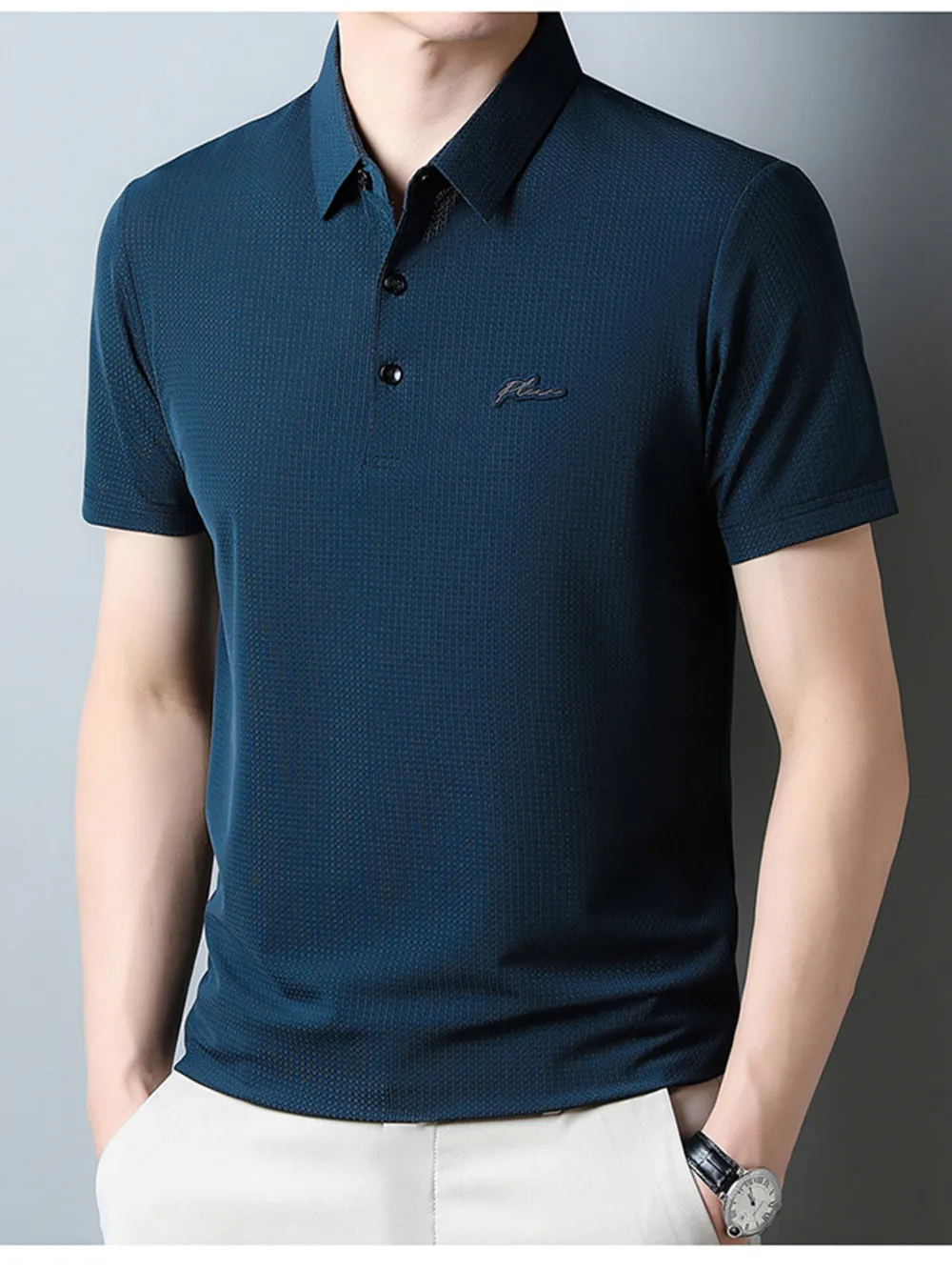 Men's Plus Size Textured Short Sleeve Casual Polo Shirt, image 2