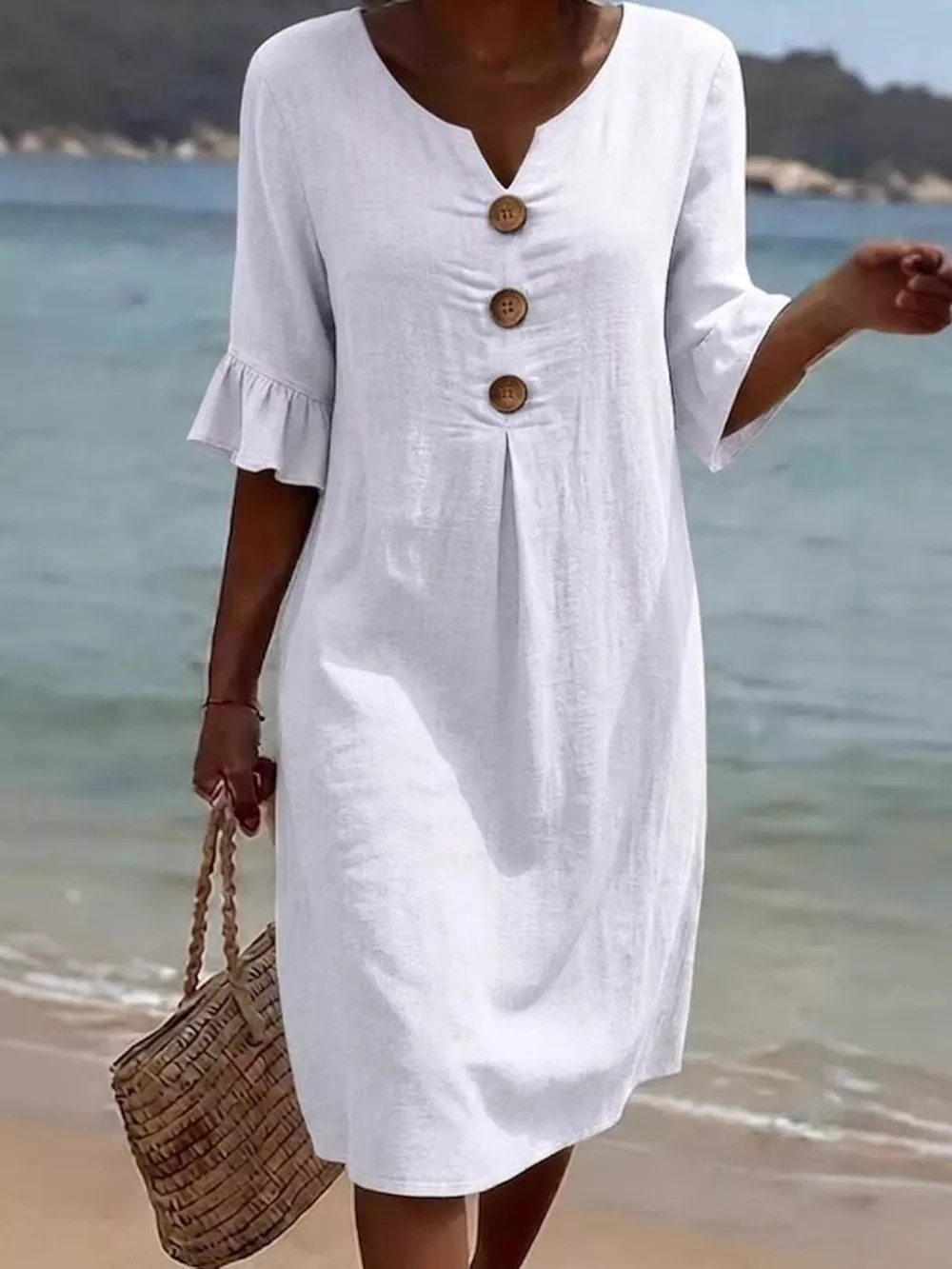 Full Size Button Decor Flounce Sleeve Dress Plus Size, image 2