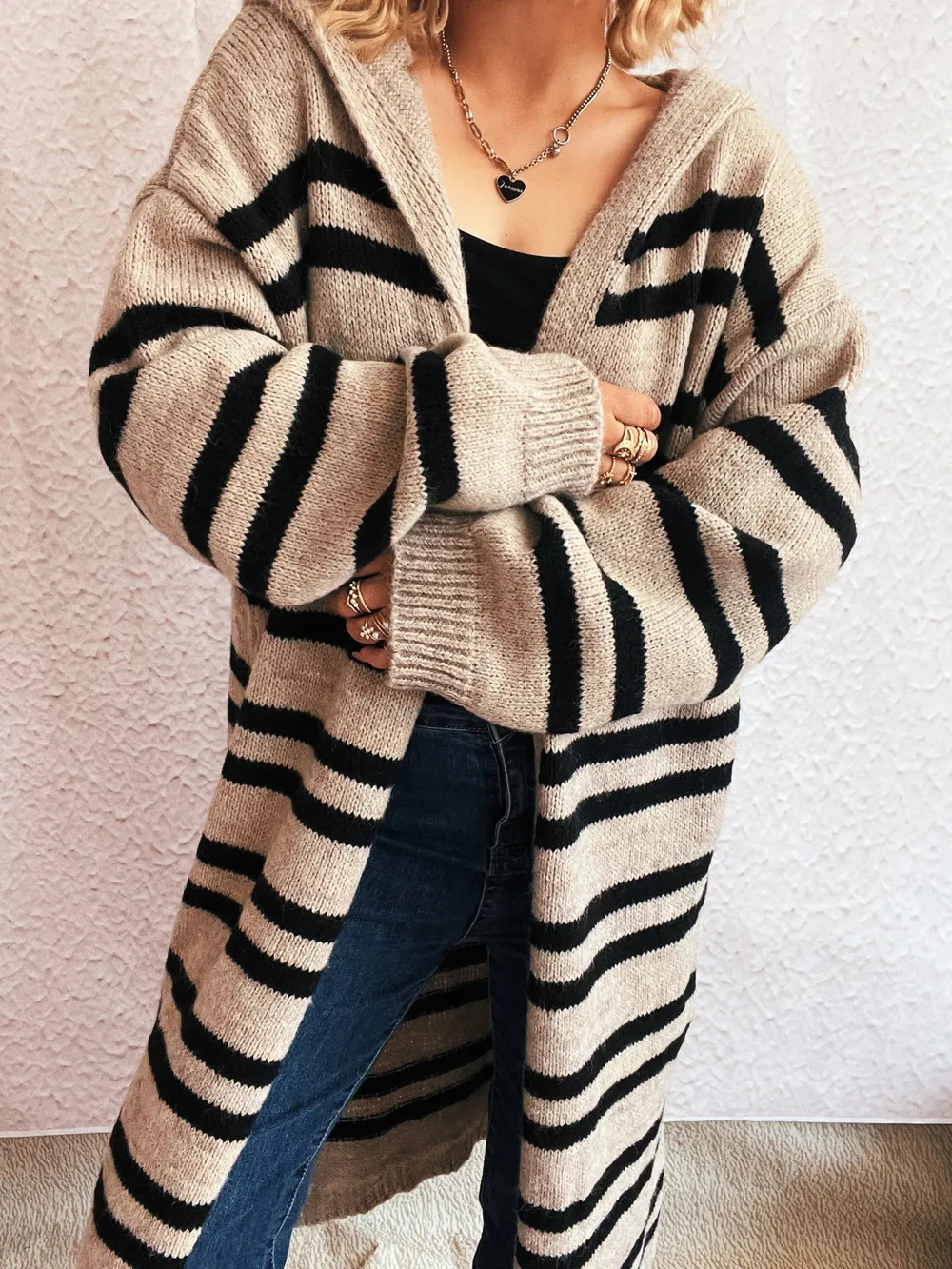 Striped Open Front Hooded Cardigan, image 3