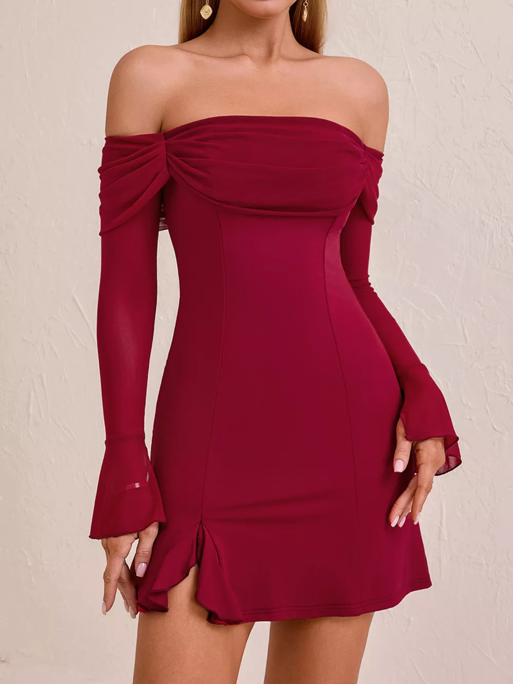 Off-Shoulder Long Sleeve Mini Dress, image 2