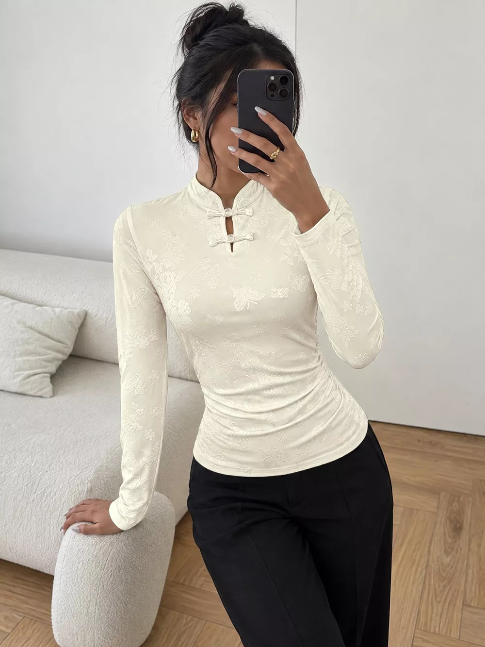 Floral Jacquard Slim-Fit Long Sleeve T-Shirt, image 5