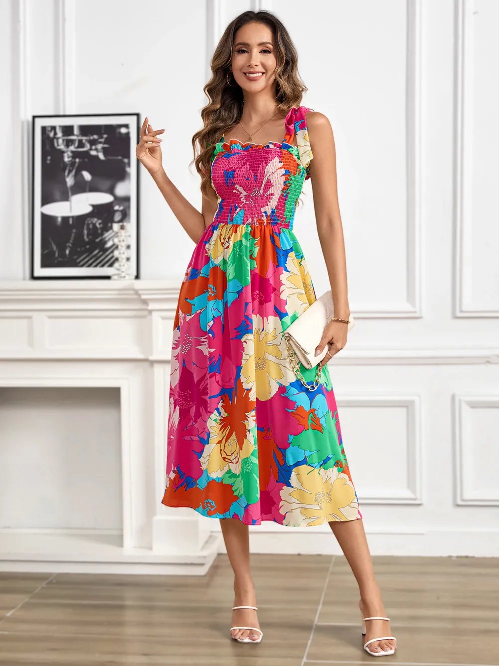 Smocked Printed Tie Shoulder Midi Dress, image 6