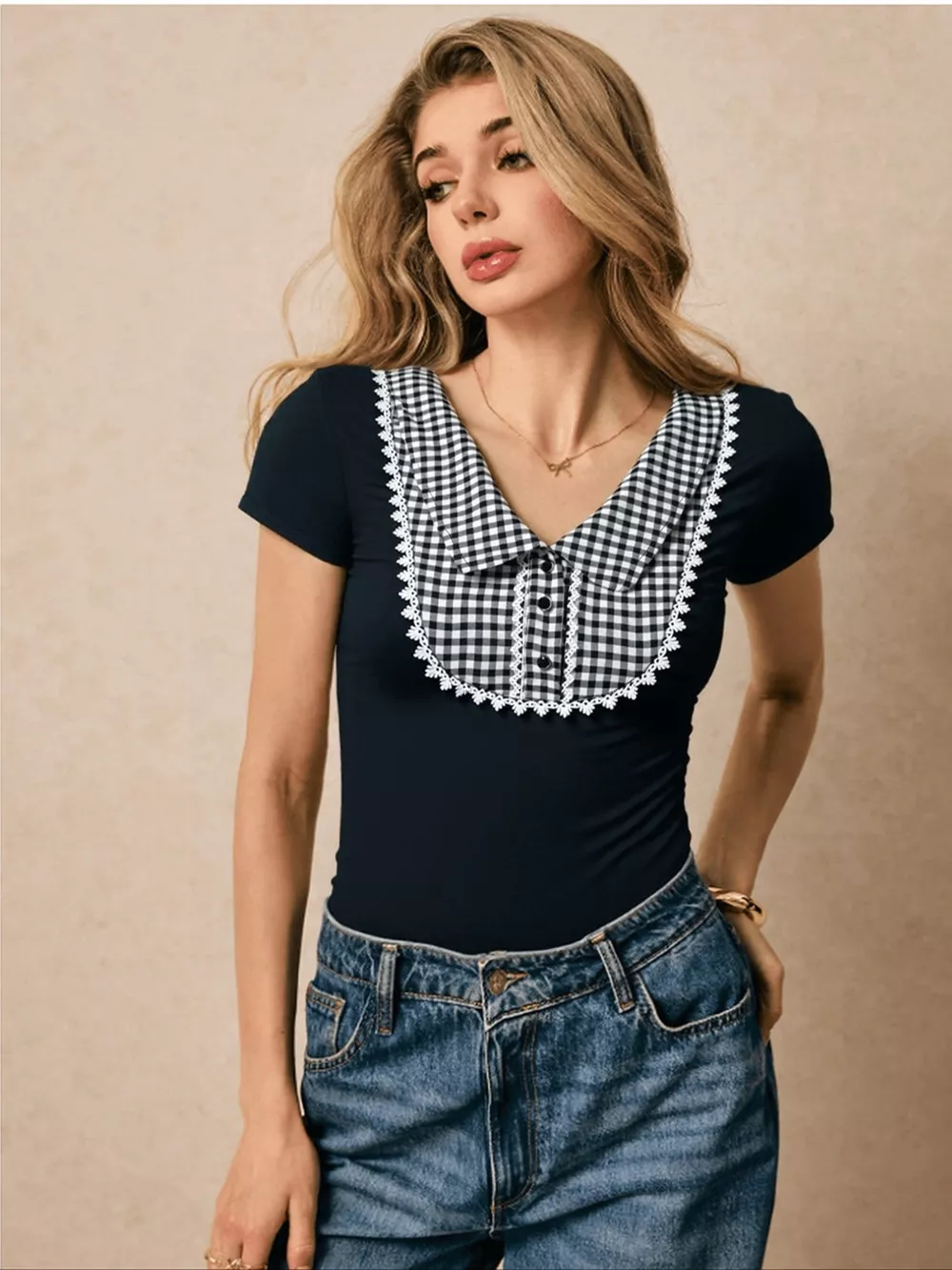 Gingham Collar Slim Fit Blouse, image 2