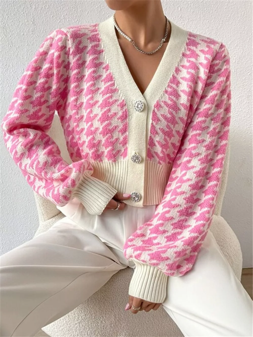 Houndstooth V-Neck Button Up Cardigan, image 7