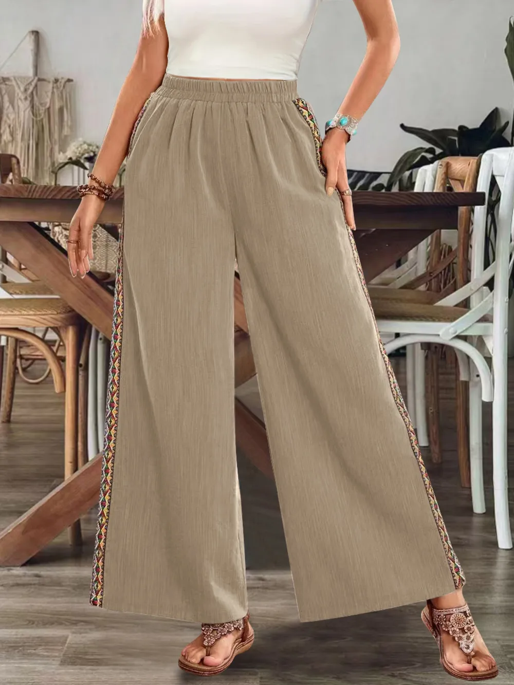 Bohemian Wide Leg Embroidered Side Stripe Pants, image 10