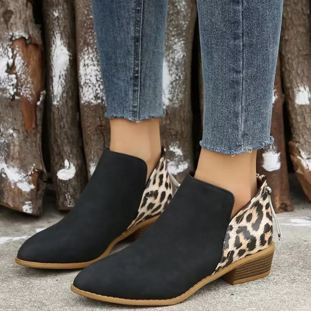 Leopard Point Toe Block Heels Boots, image 4
