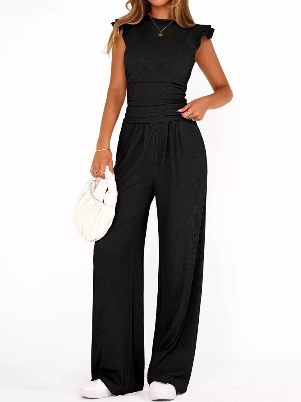 Ruffled Mock Neck Top and Wide Leg Pants Set, image 5