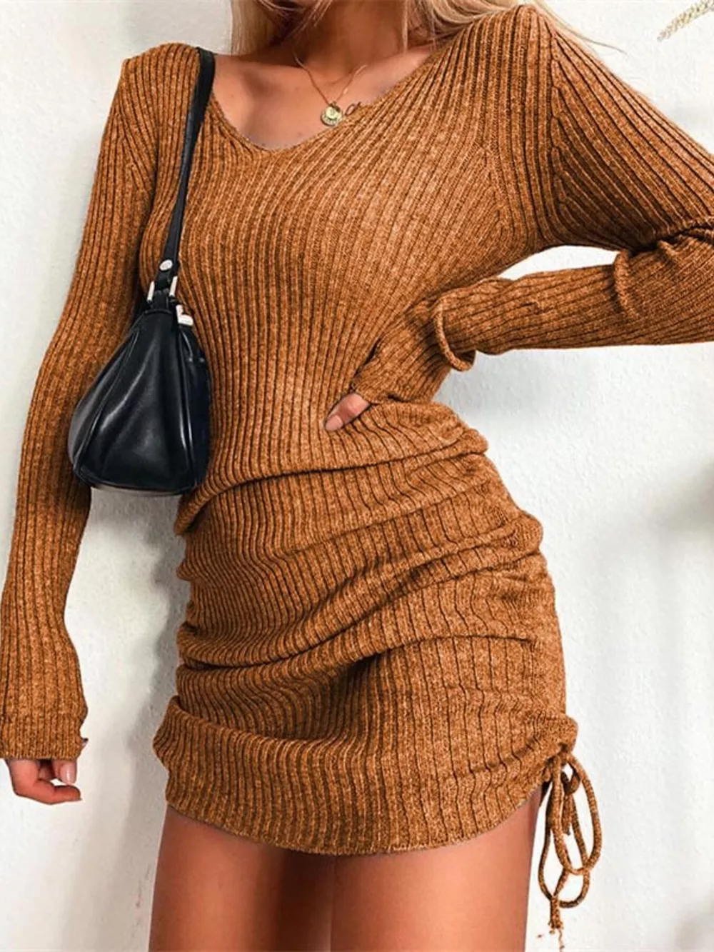 Full Size Ribbed Knit Drawstring Bodycon Sweater Dress Plus Size, image 23
