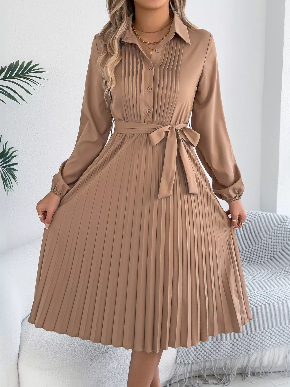 Pleated Tie Waist Balloon Sleeve Dress, image 8