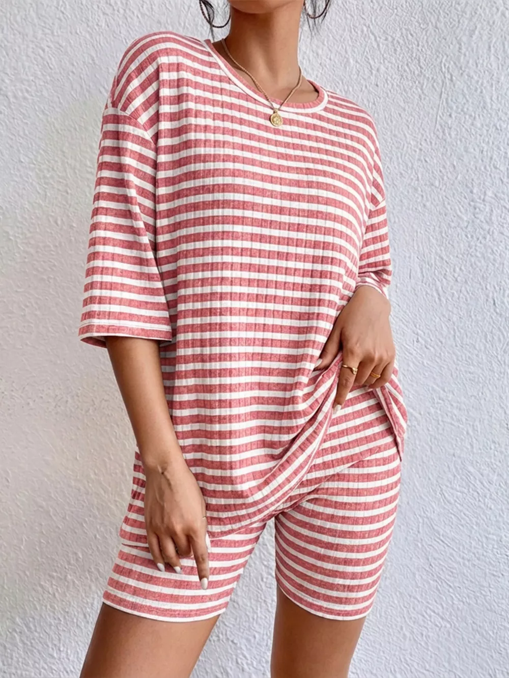 Striped Round Neck Top and Shorts Set, image 2