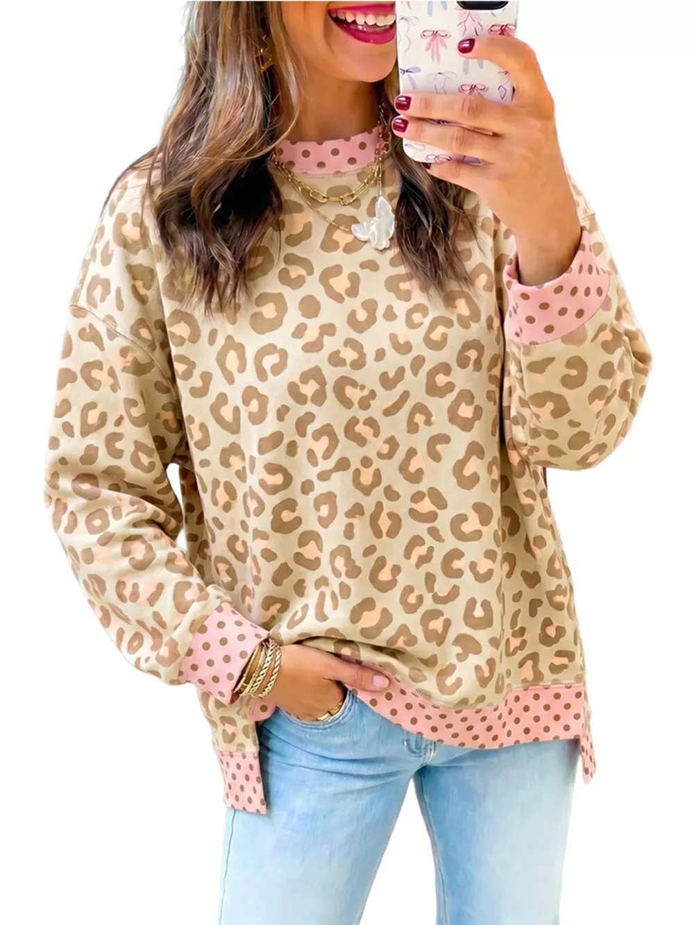 Side Slit Leopard Sweatshirt with Polka Dot Trim, image 2