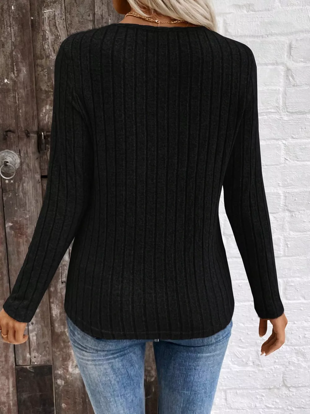 Ribbed V-Neck Long Sleeve T-Shirt, image 15