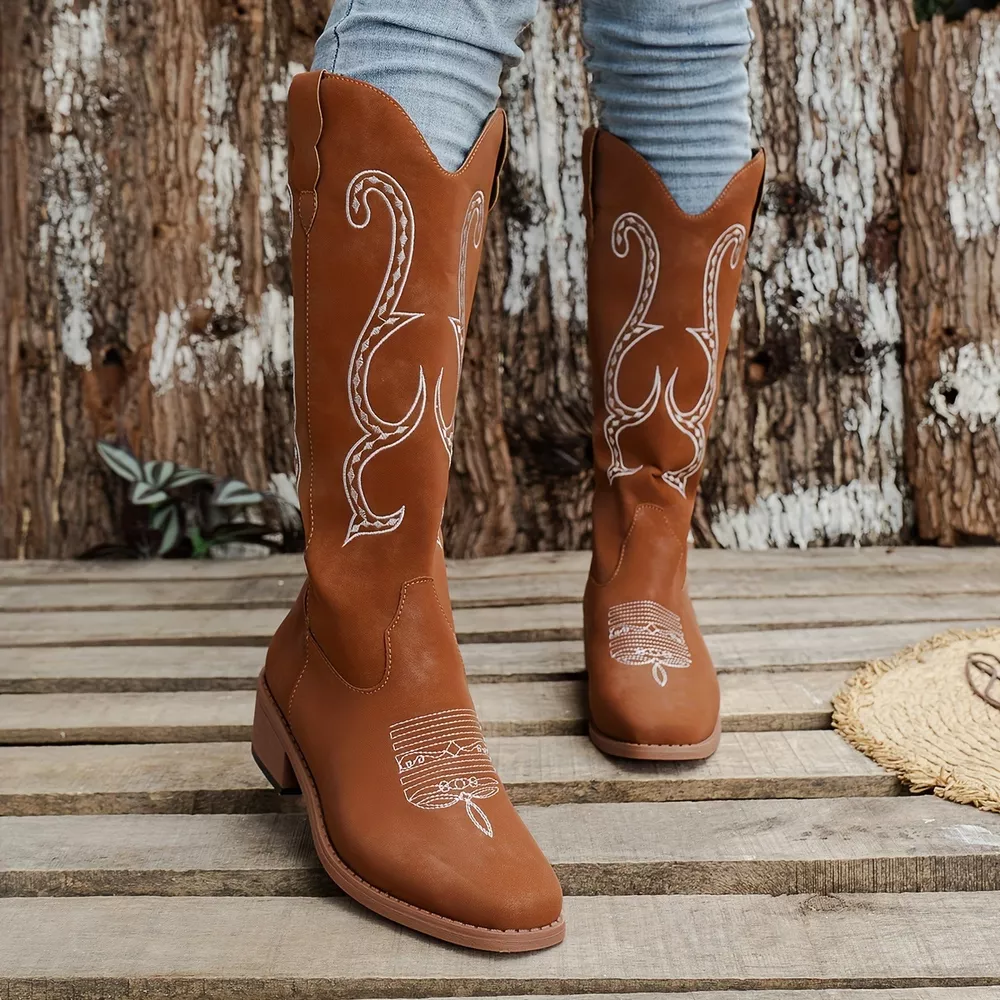 Embroidered Round Toe Block Heels Boots, image 7