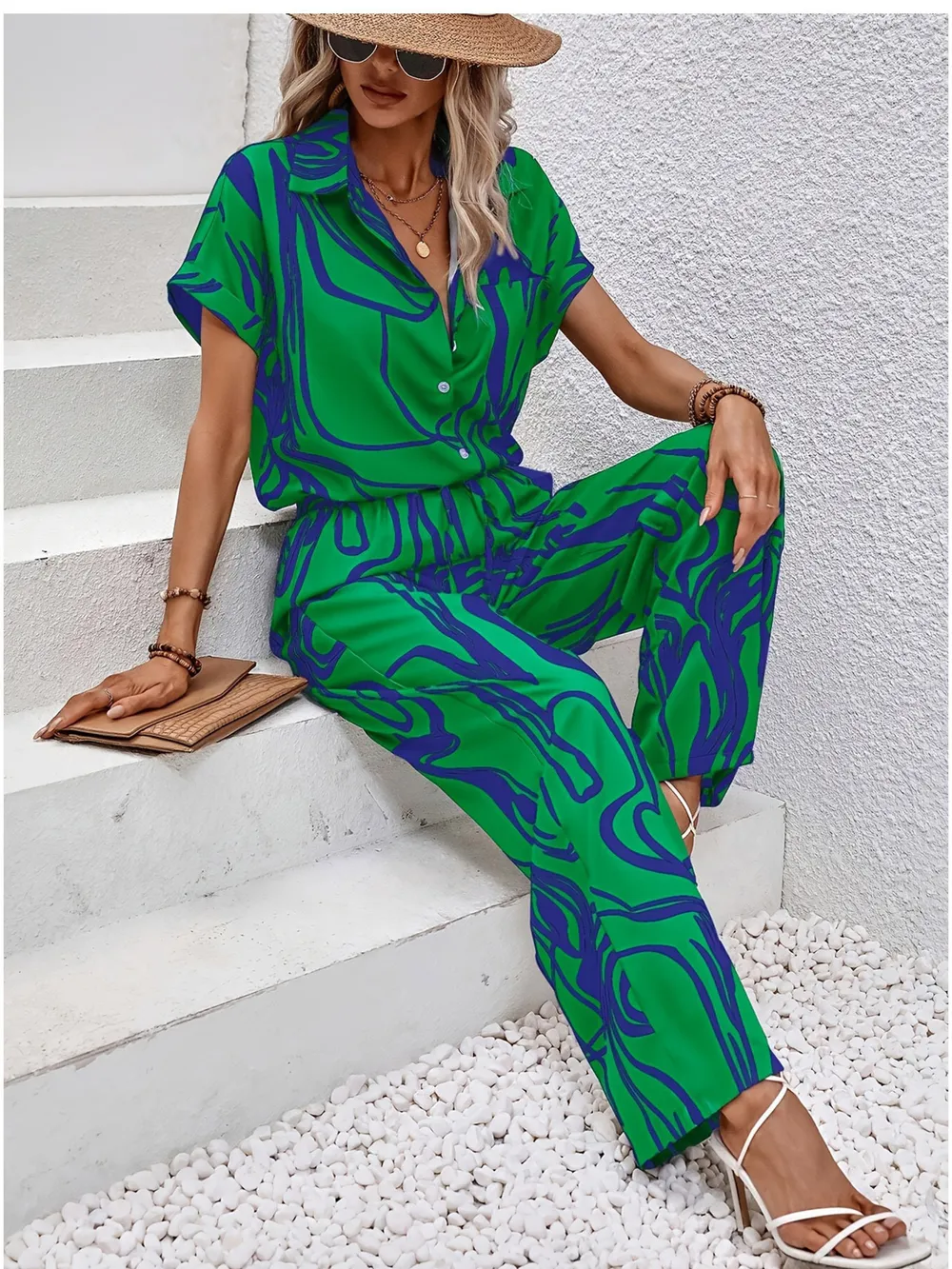 Printed Button Up Shirt and Pants Set, image 2