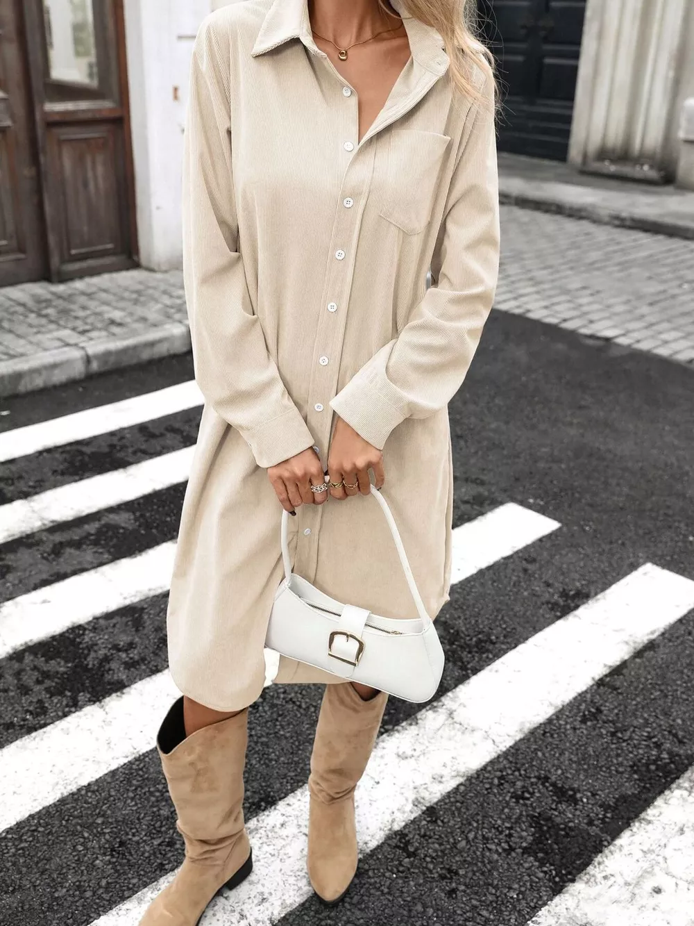 Corduroy Shirt Dress with Button-Down Front, image 14