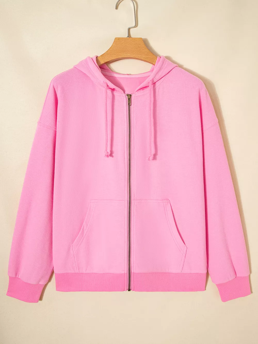 Solid Color Ribbed Zip Up Drawstring Hooded Jacket, image 4