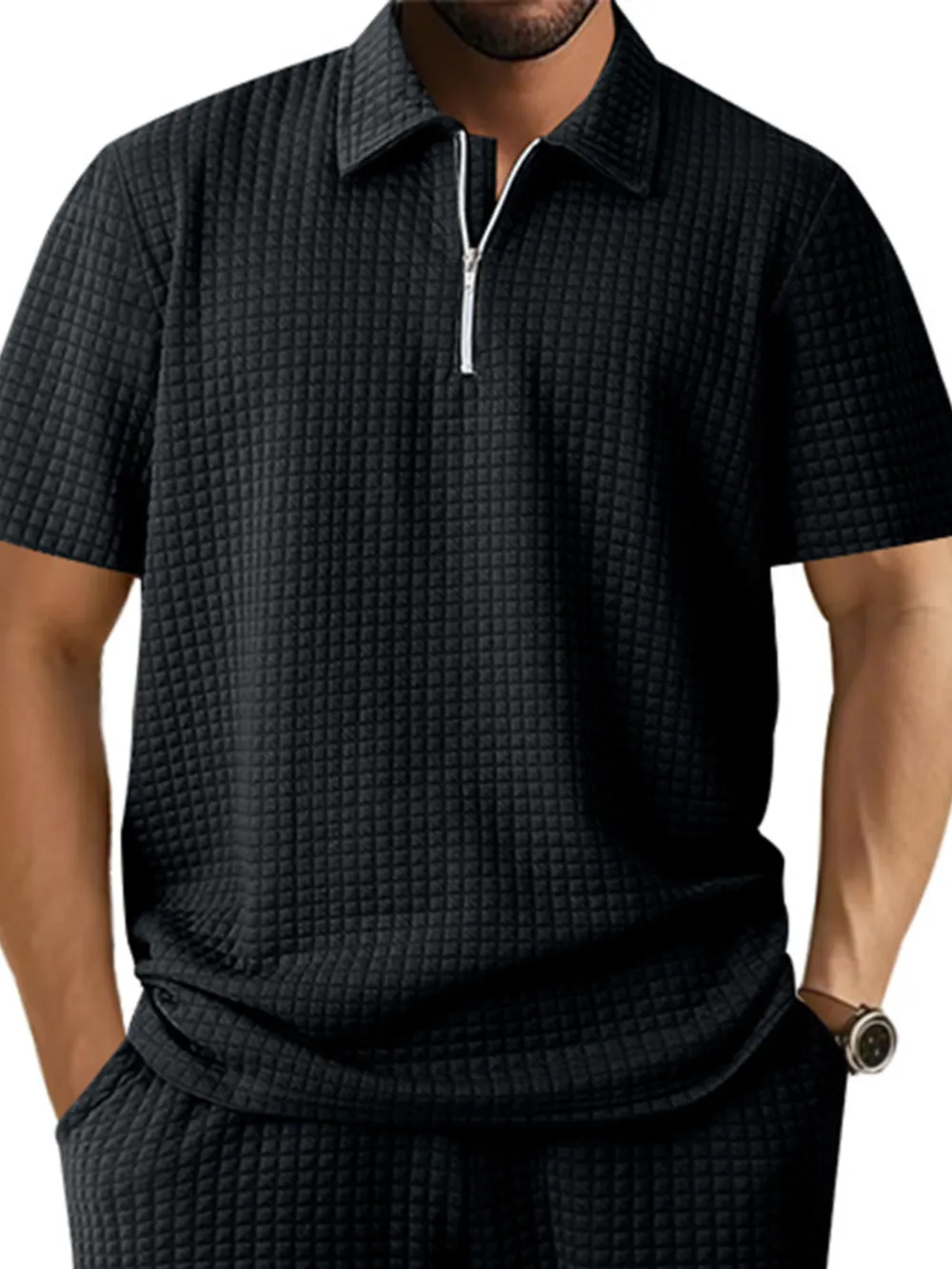Men's Full Size Waffle Short Sleeve Polo with Zipper Detail Plus Size, image 19