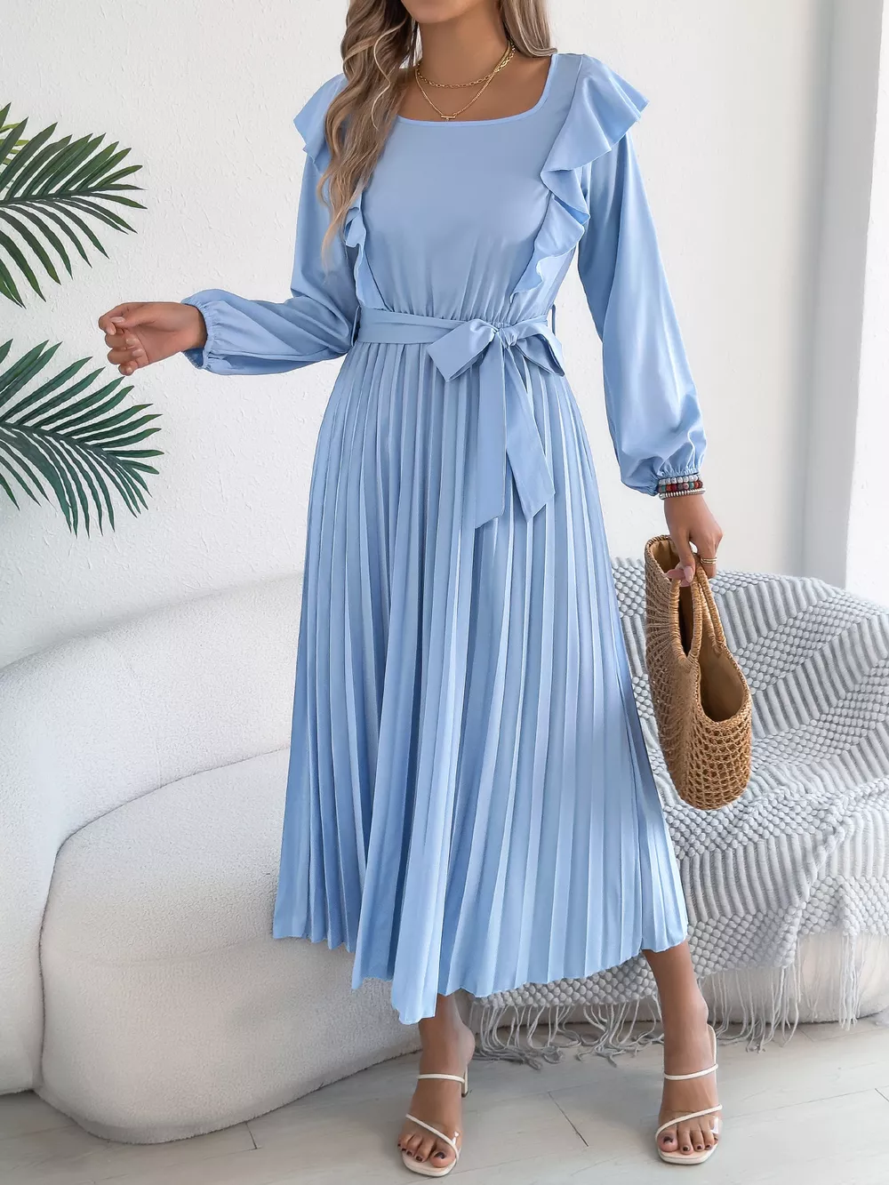 Ruffle Trim Pleated A-Line Midi Dress