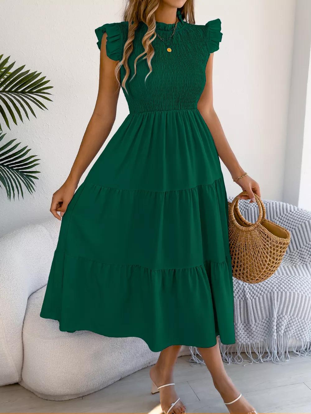 Smocked Ruffled Cap Sleeve Dress, image 7