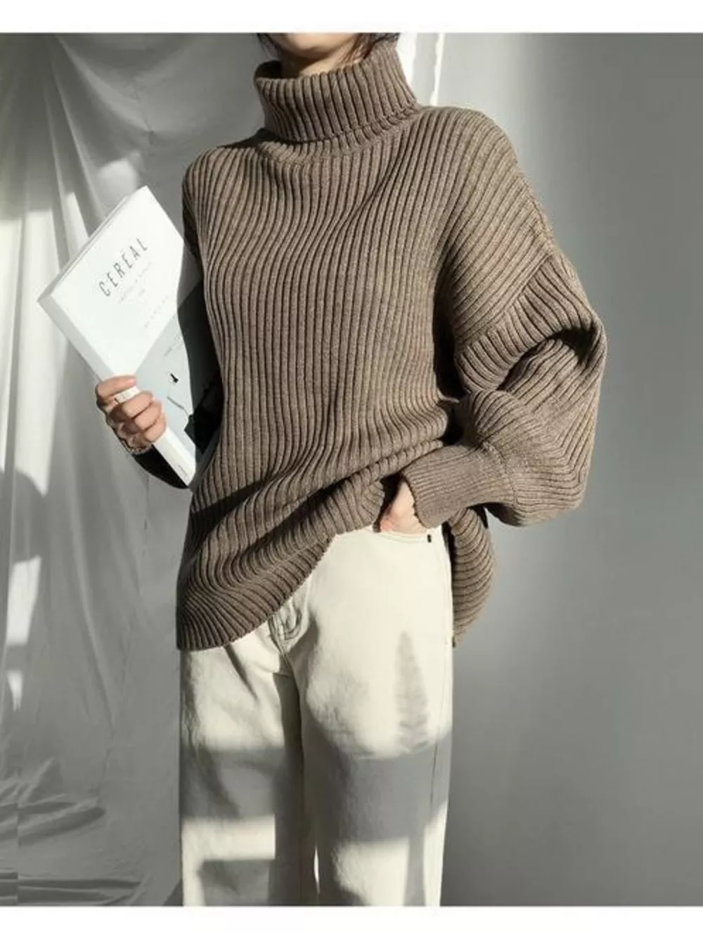 Oversized Turtleneck Ribbed Knit Sweater, image 9