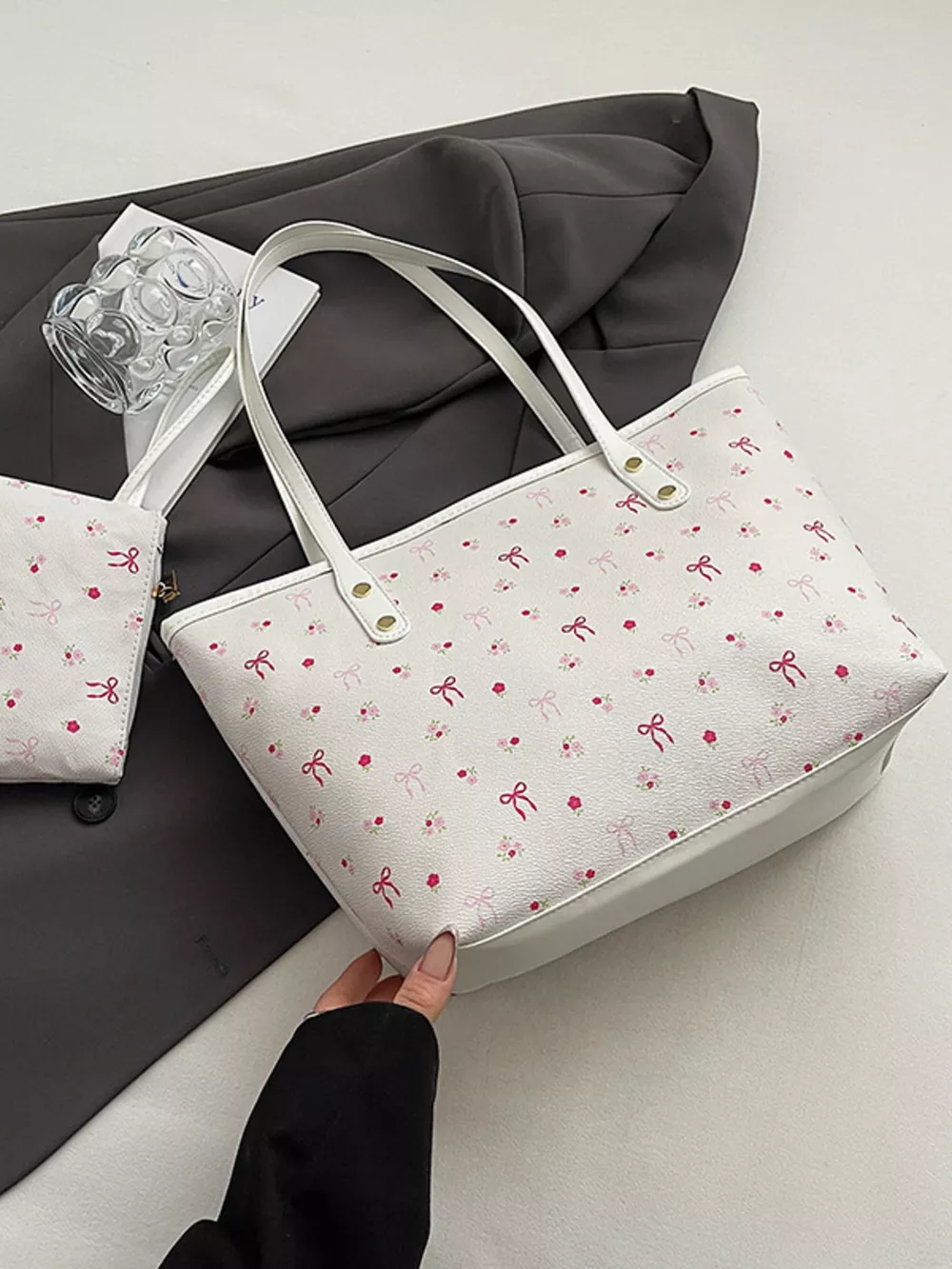 Printed Tote Shoulder Bag with Pouch, image 11