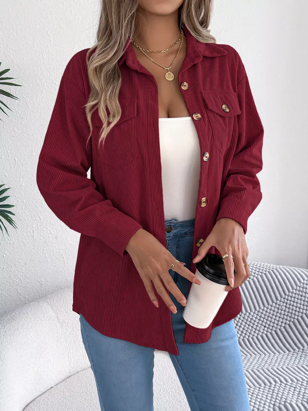 Casual Corduroy Button-Up Shacket, image 16