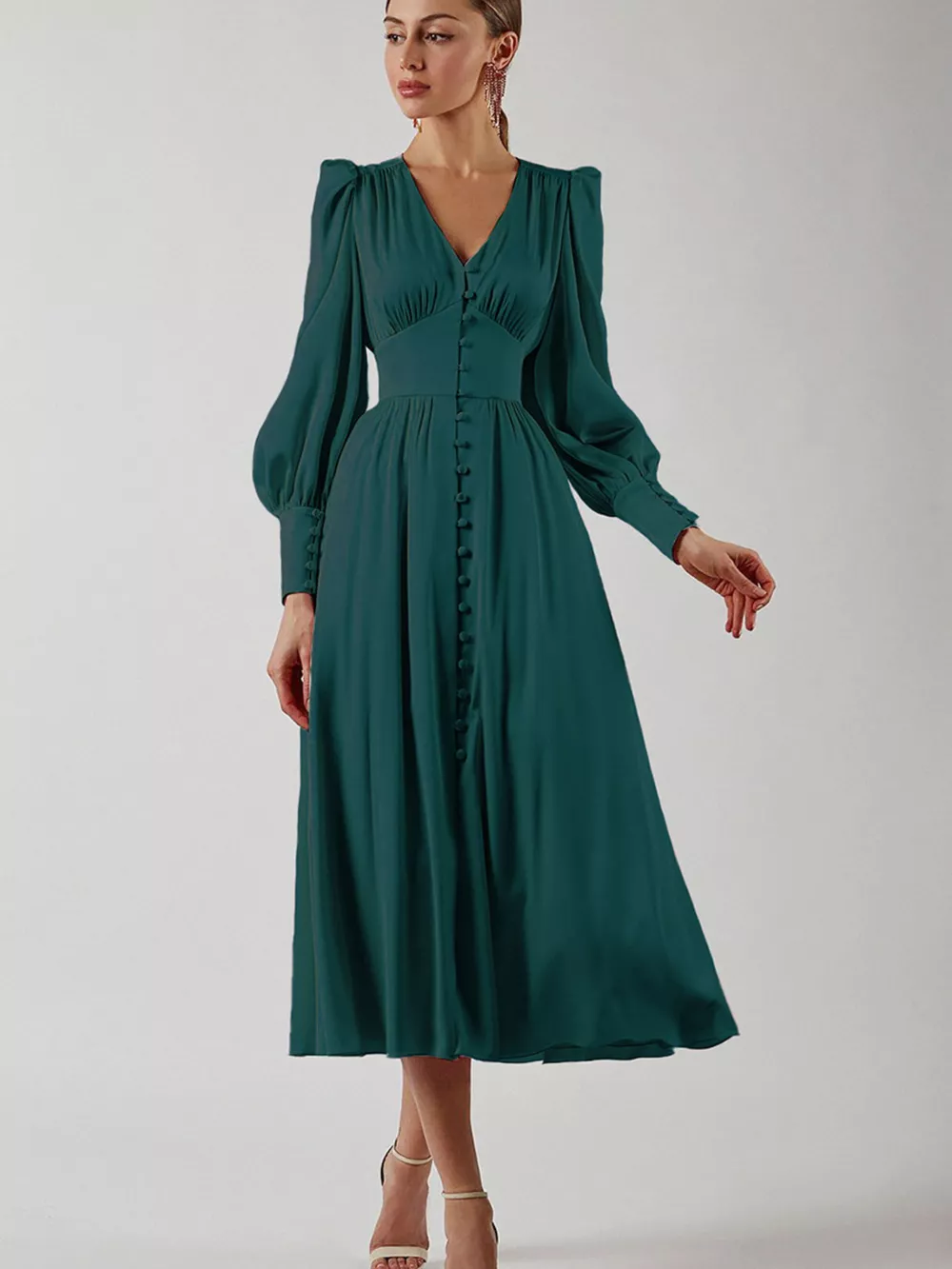 Elegant V-Neck Puff Sleeve Button-Down Midi Dress, image 29