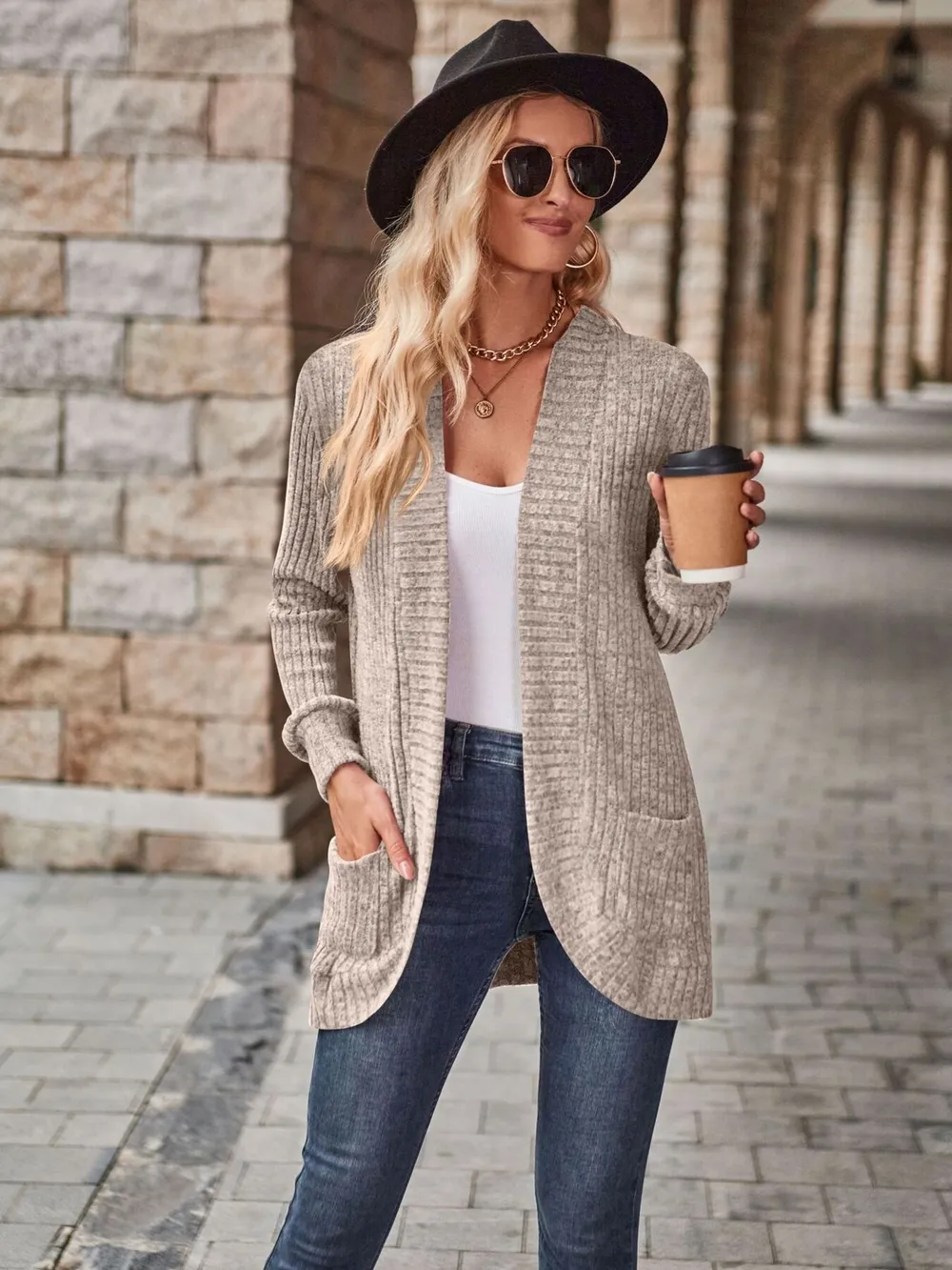 Ribbed Open Front Long Cardigan with Pockets, image 11