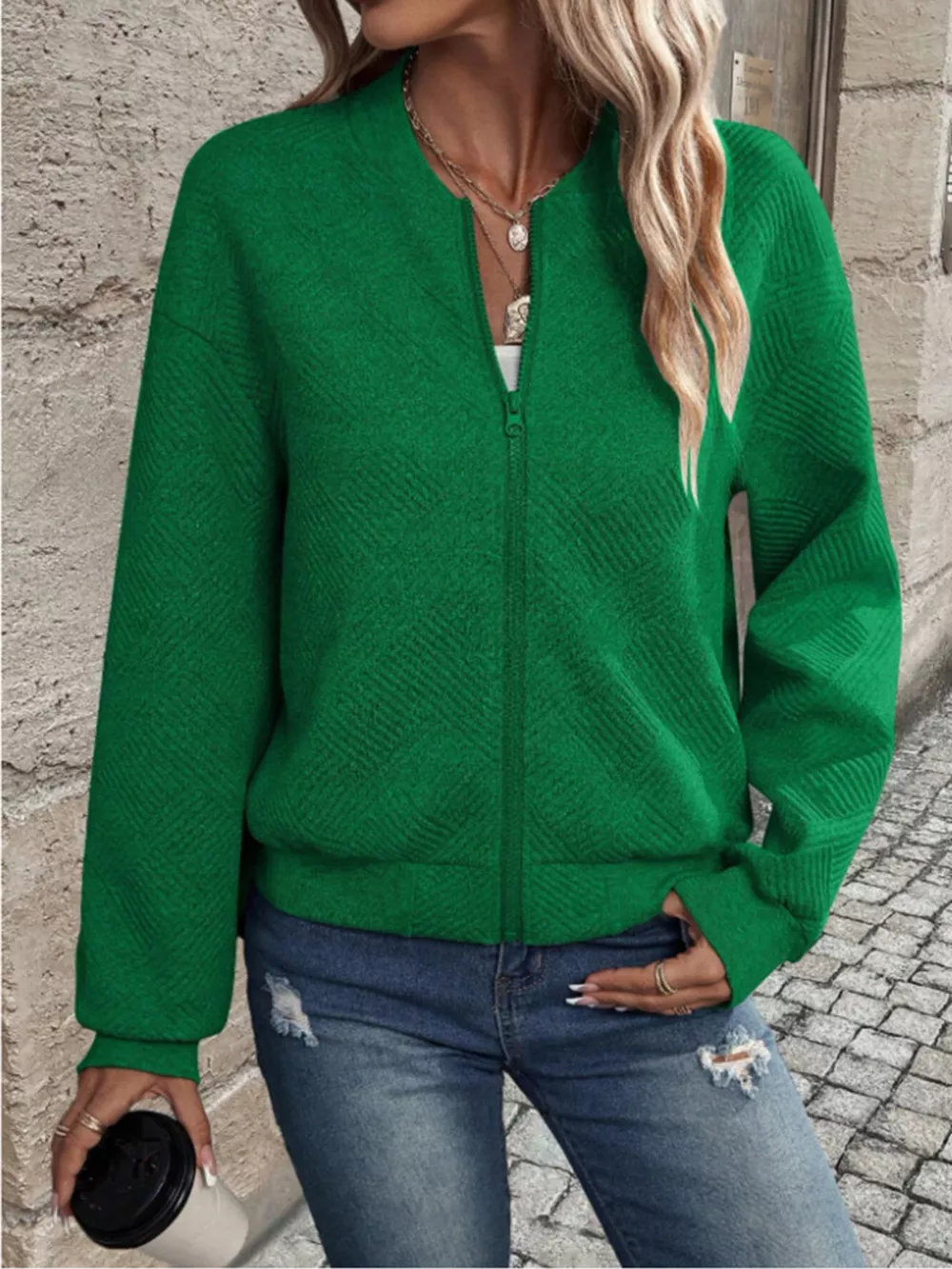 Textured Knit Zip-Up Bomber Jacket, image 11