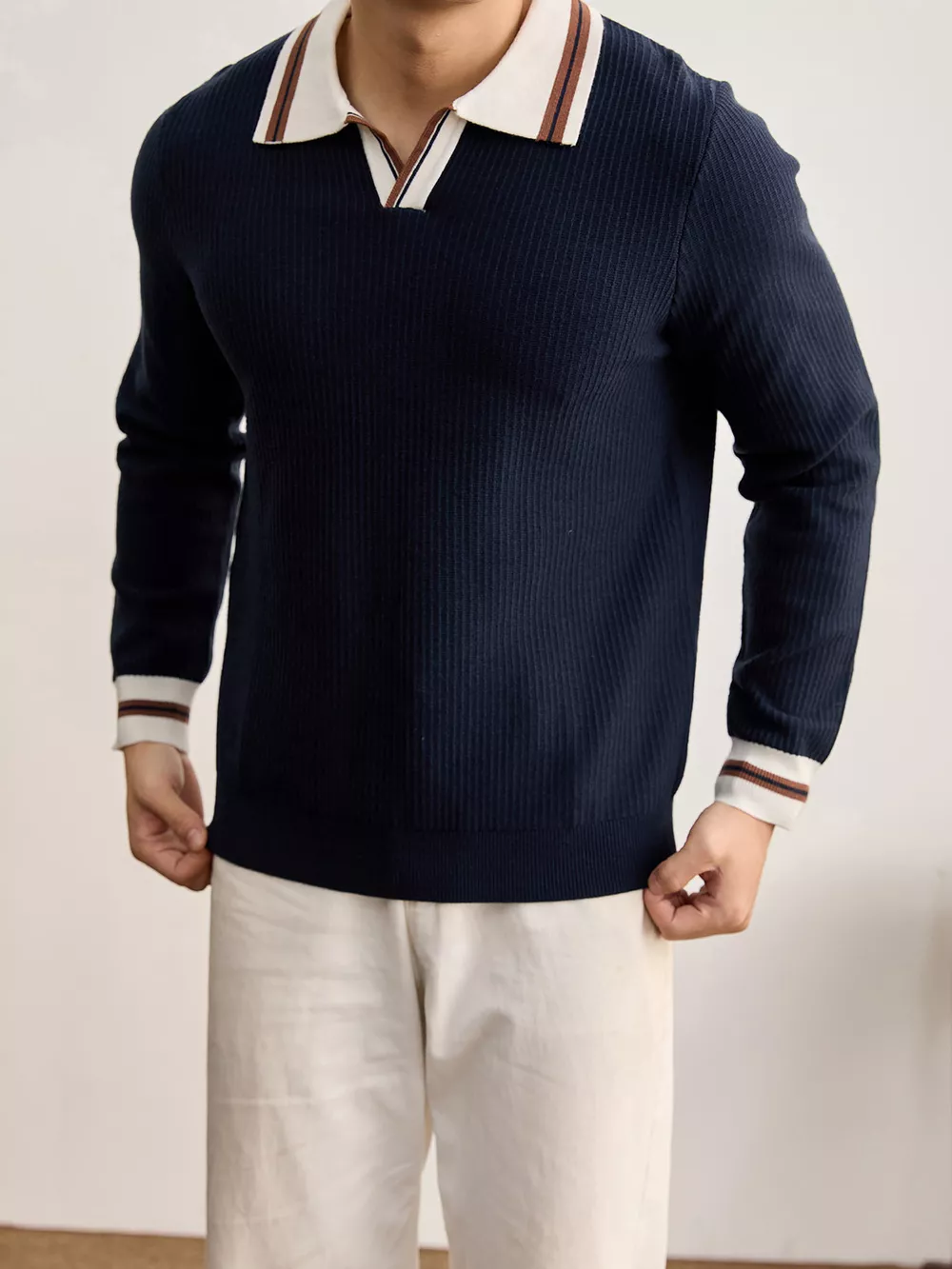 Men's Plus Size Contrast Trim Polo Collar Ribbed Knit Sweater, image 10