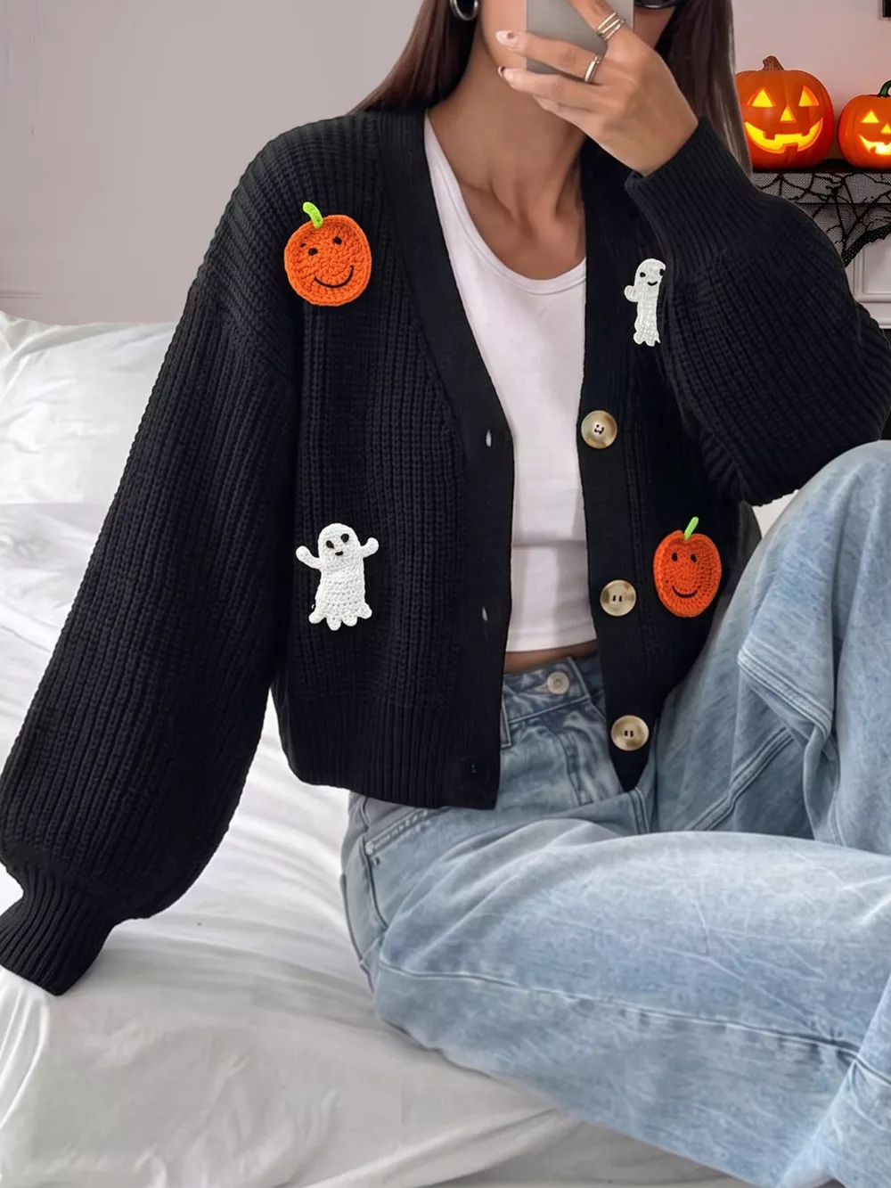 Halloween Pumpkin and Ghost Applique Knit Cardigan
