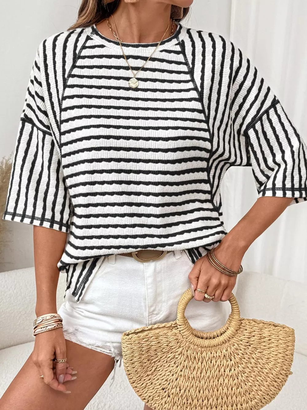 Casual Striped Raglan Sleeve Textured T-Shirt, image 2
