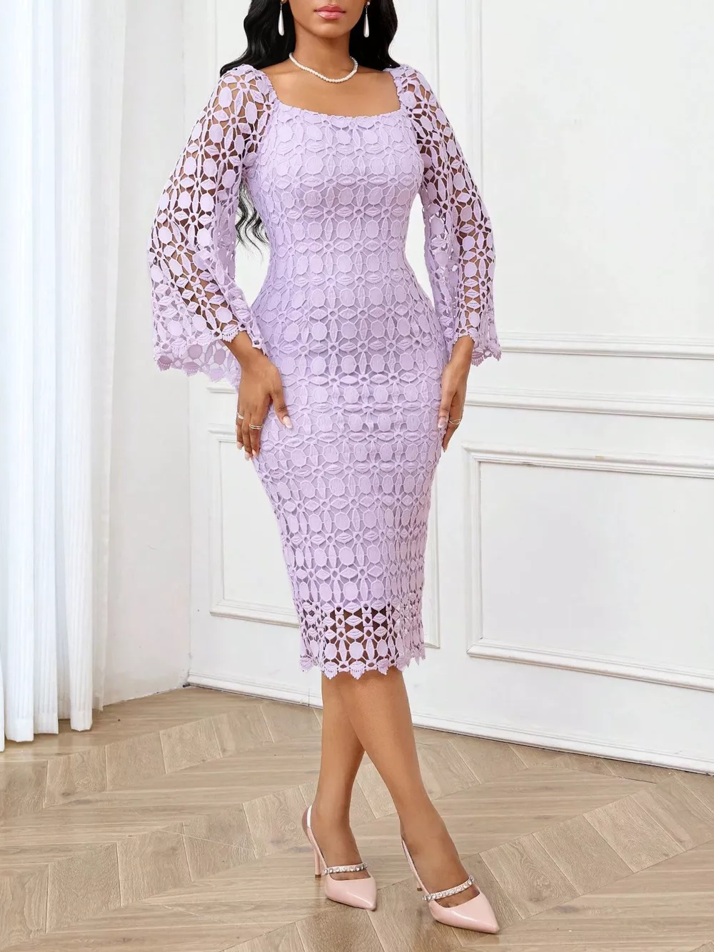Lace Square Neck Midi Dress, image 7