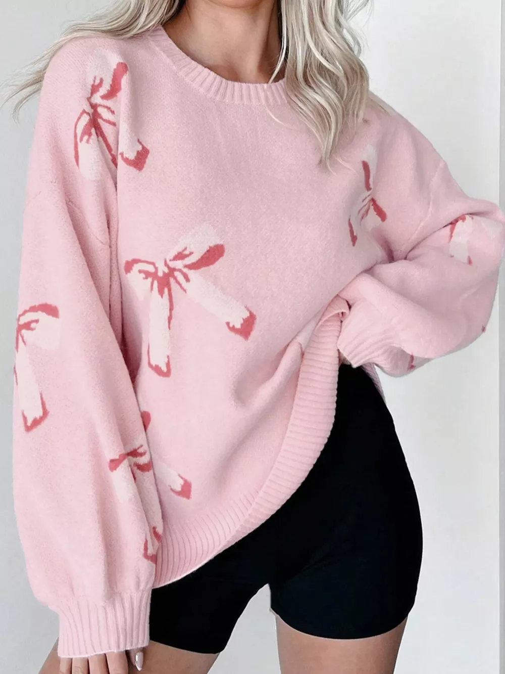 Bow Round Neck Dropped Shoulder Sweater, image 8