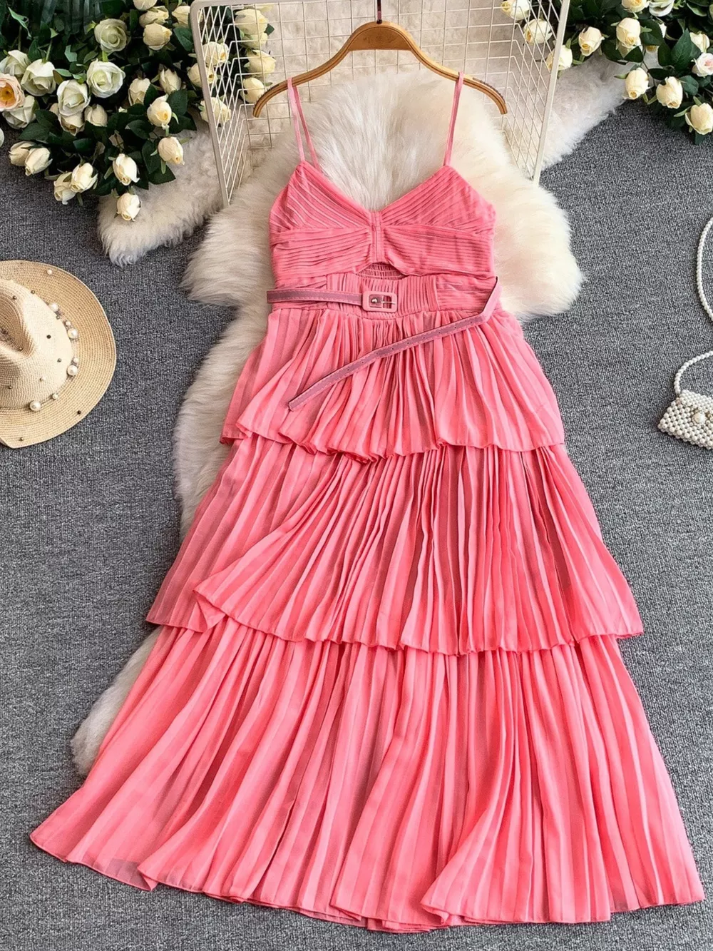 Pleated Layered Spaghetti Strap Midi Dress, image 4