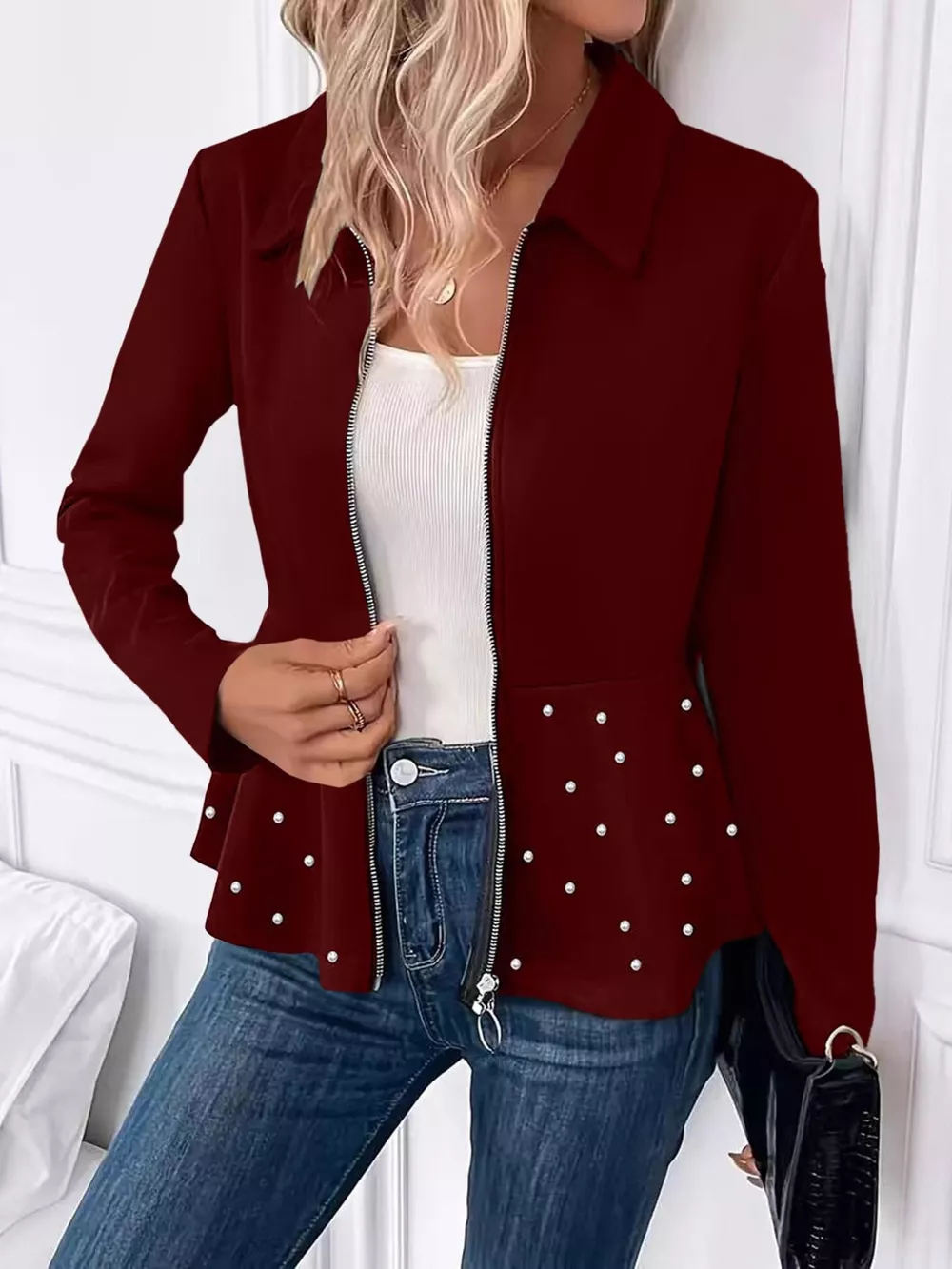 Pearl Embellished Zip-Up Peplum Outerwear, image 3