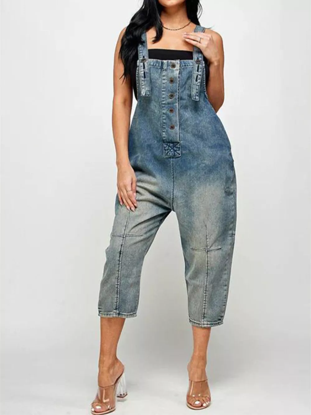 Full Size Button Front Denim Overalls with Pockets Plus Size, image 2