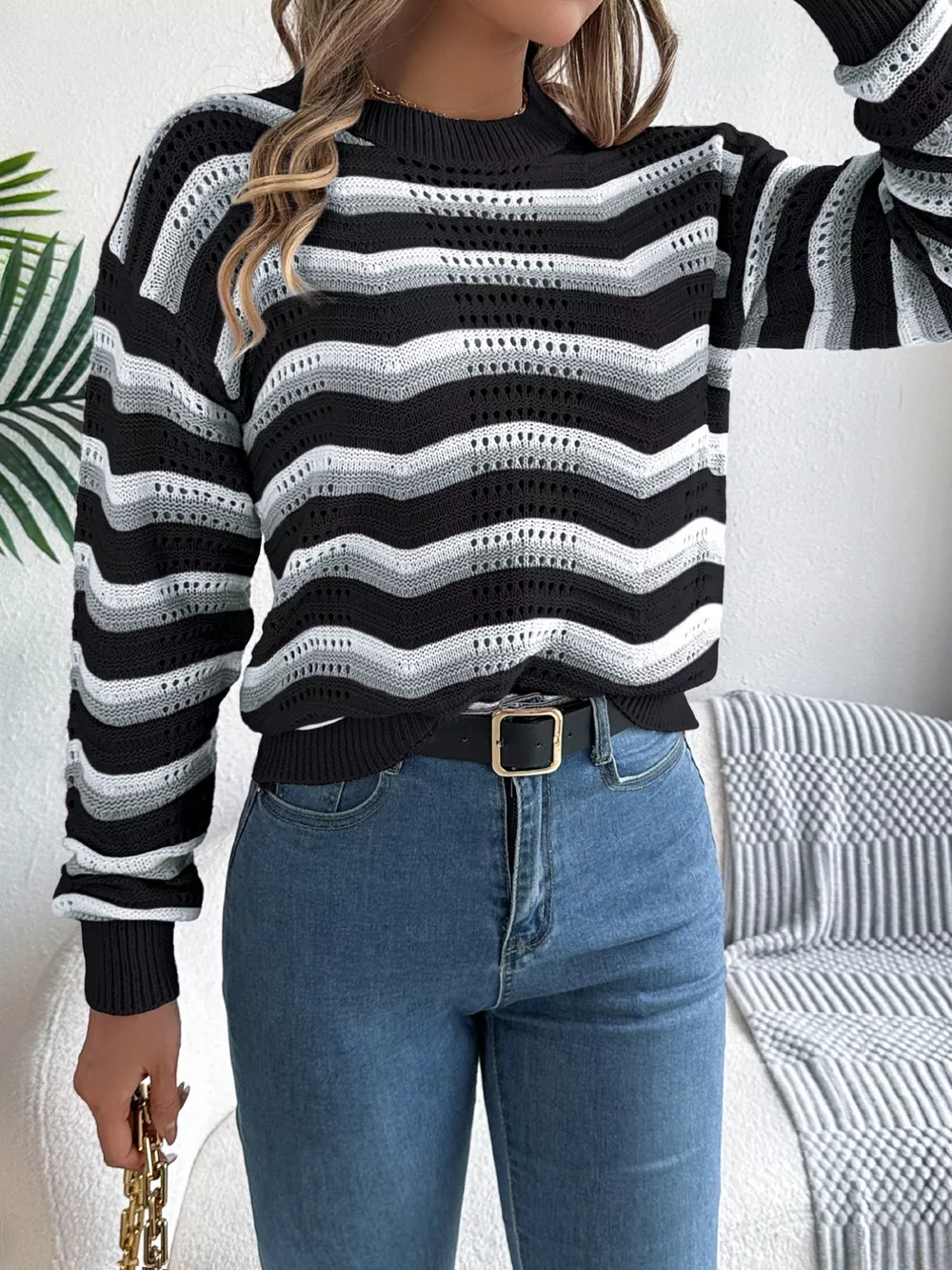 Striped Round Neck Long Sleeve Sweater, image 8