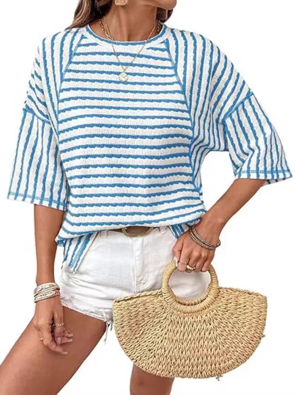Striped Knit Round Neck T-Shirt, image 4