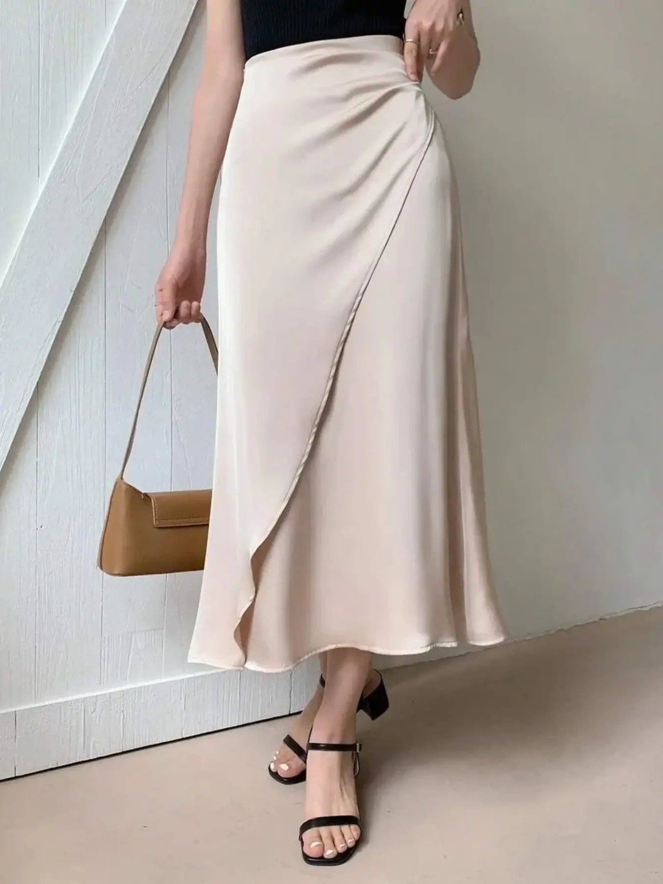Asymmetric Wrap Midi Skirt with Fluted Hem, image 8