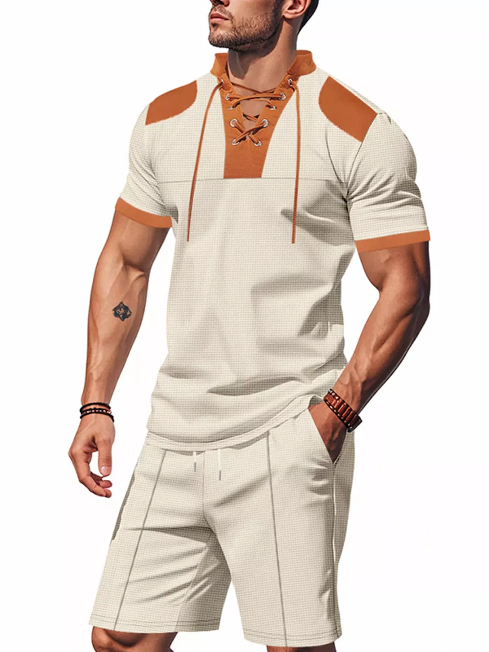 Men's Full Size Lace-Up Collar Casual Top and Shorts Set Plus Size, image 13