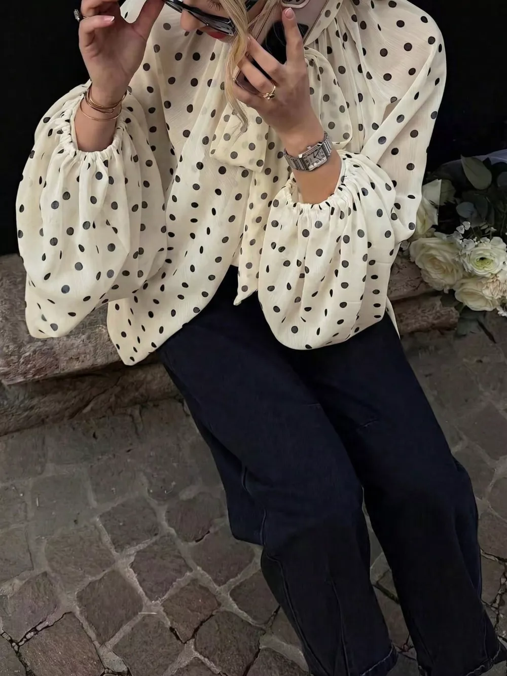 Polka Dot Balloon Sleeve Blouse, image 4